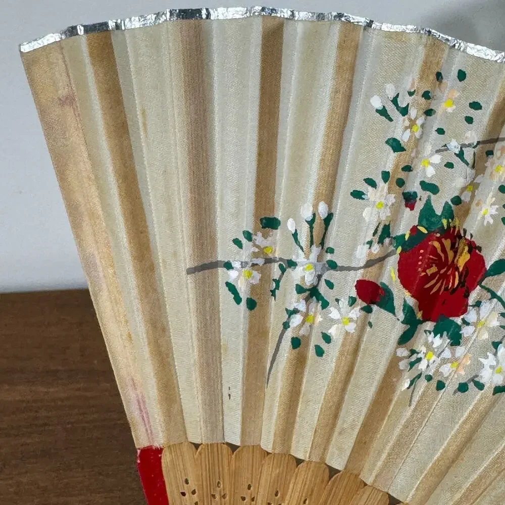 Vintage Japanese Folding Hand Fan Hand Painted Floral Bamboo Silver Trim Wall